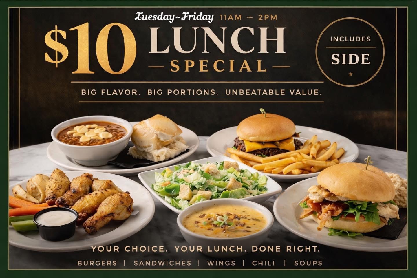 Clubhouse $10 Express Lunch special with burger, wings, sandwich and sides